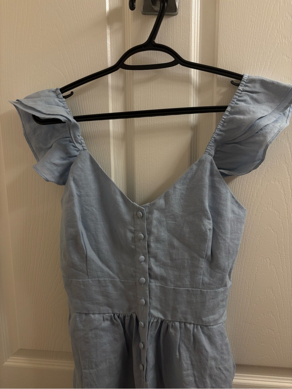 NWT Olivaceous Light Blue Linen Blend Flutter Sleeve Ruffle Hem Jumpsuit Medium - Picture 4 of 14